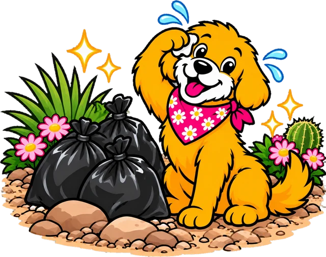 Poopsie Daisy pup next to tied-up bags after a big cleanup