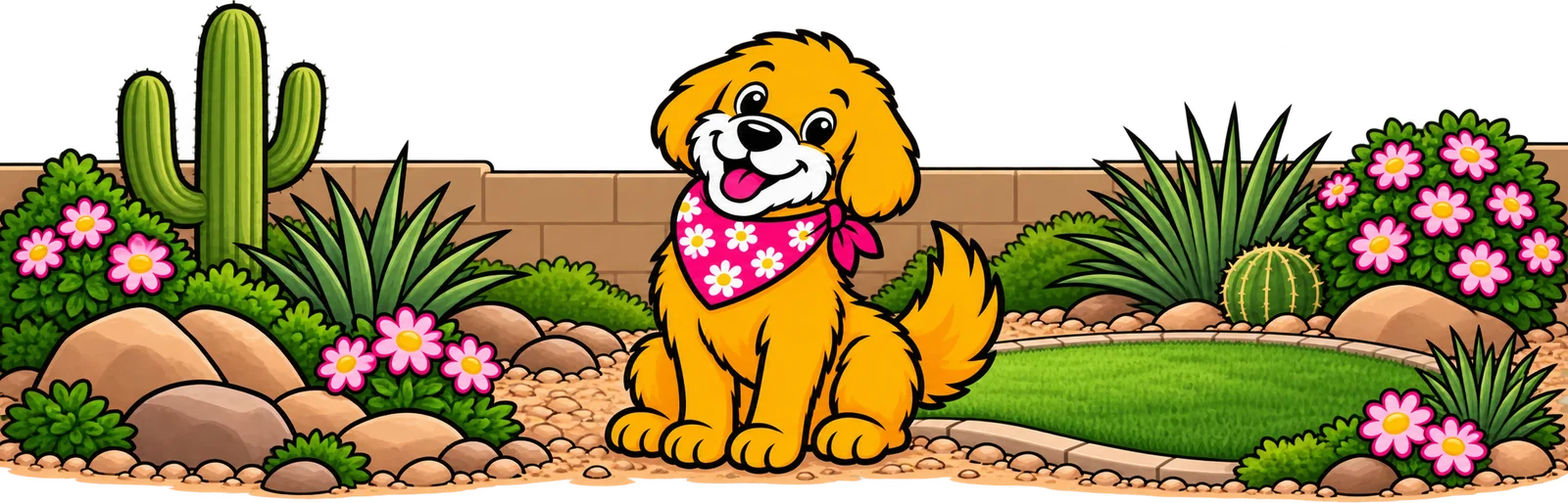 Poopsie Daisy pup sitting in a clean Arizona backyard with desert landscaping and turf