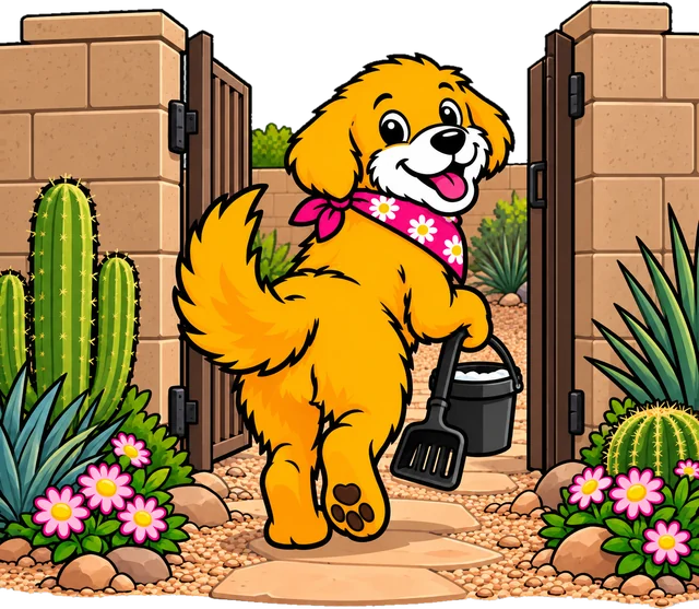Poopsie Daisy pup heading through a backyard gate with a scooper and bucket