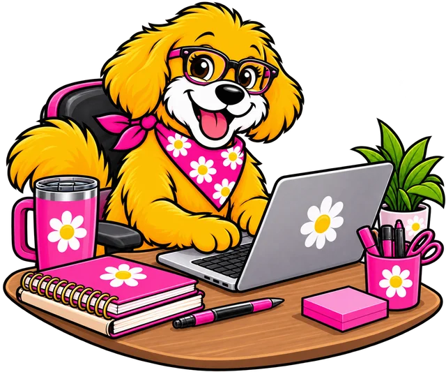 Poopsie Daisy pup working at a laptop