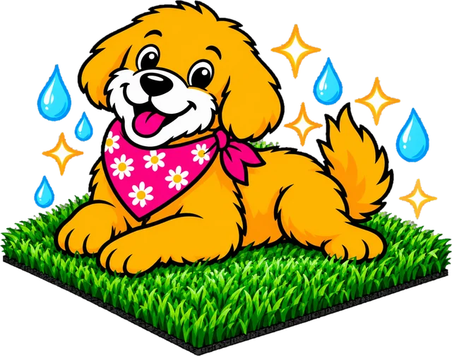 Poopsie Daisy pup relaxing on clean artificial turf